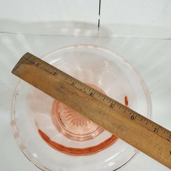 Vintage Pink Depression Glass Etched Rolled Rim Bowl stripes floral garland 7.5" - Picture 5 of 8